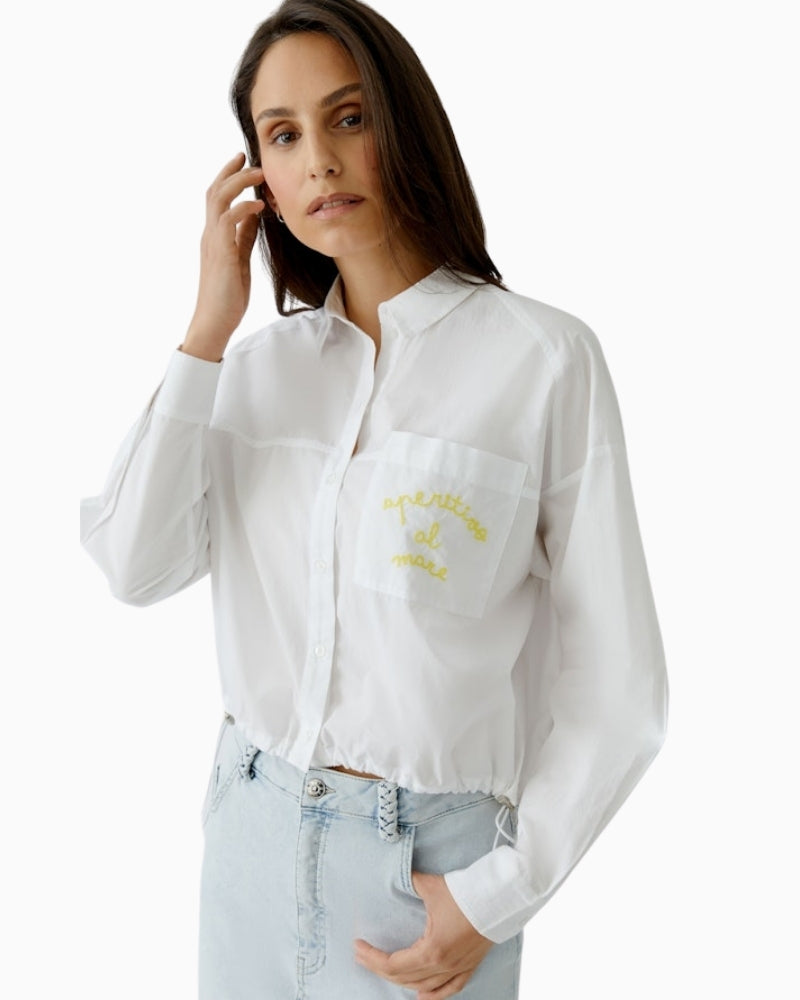 OUI Cotton Poplin Blouse in optic white hem drawstring detail