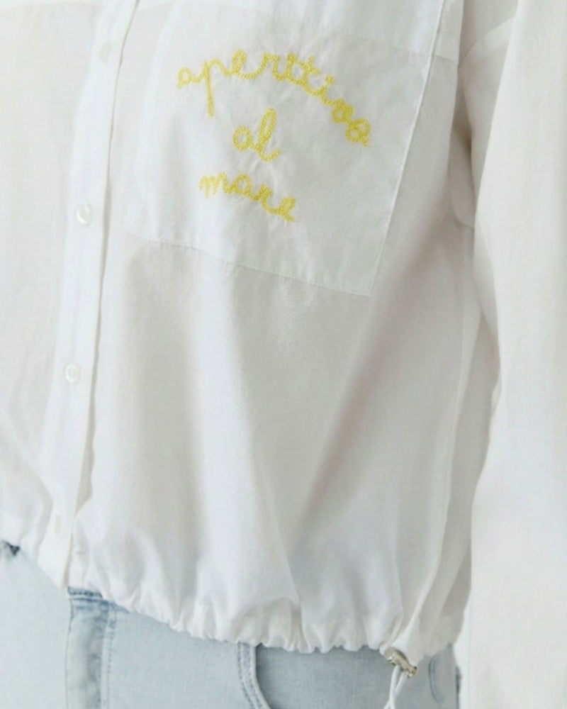 OUI Cotton Poplin Blouse in optic white pocket embroidery detail