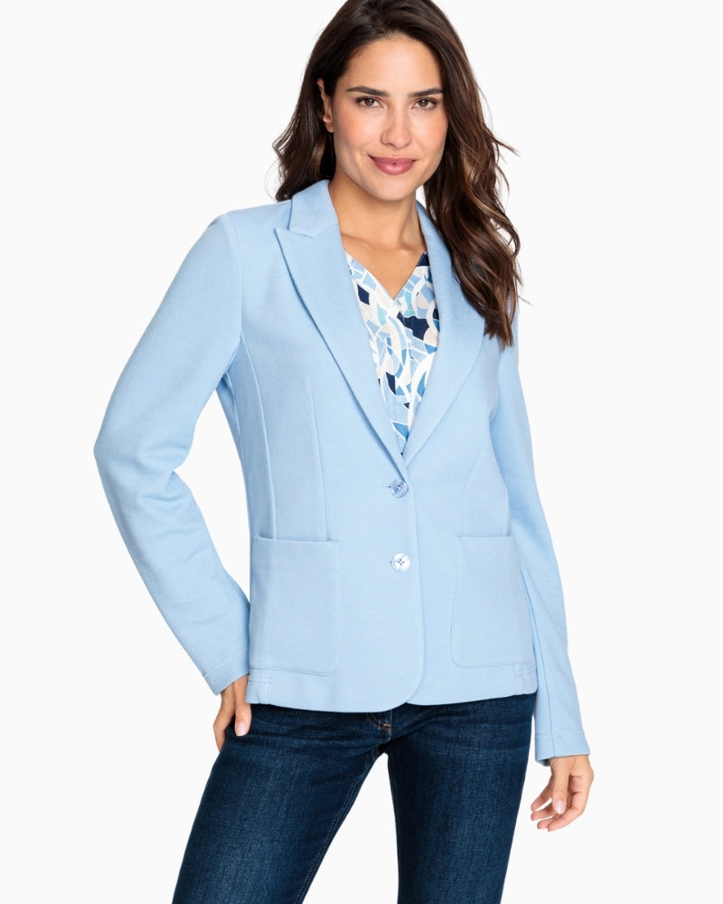 Olsen light blue blazer front view worn by woman – Áines Boutique