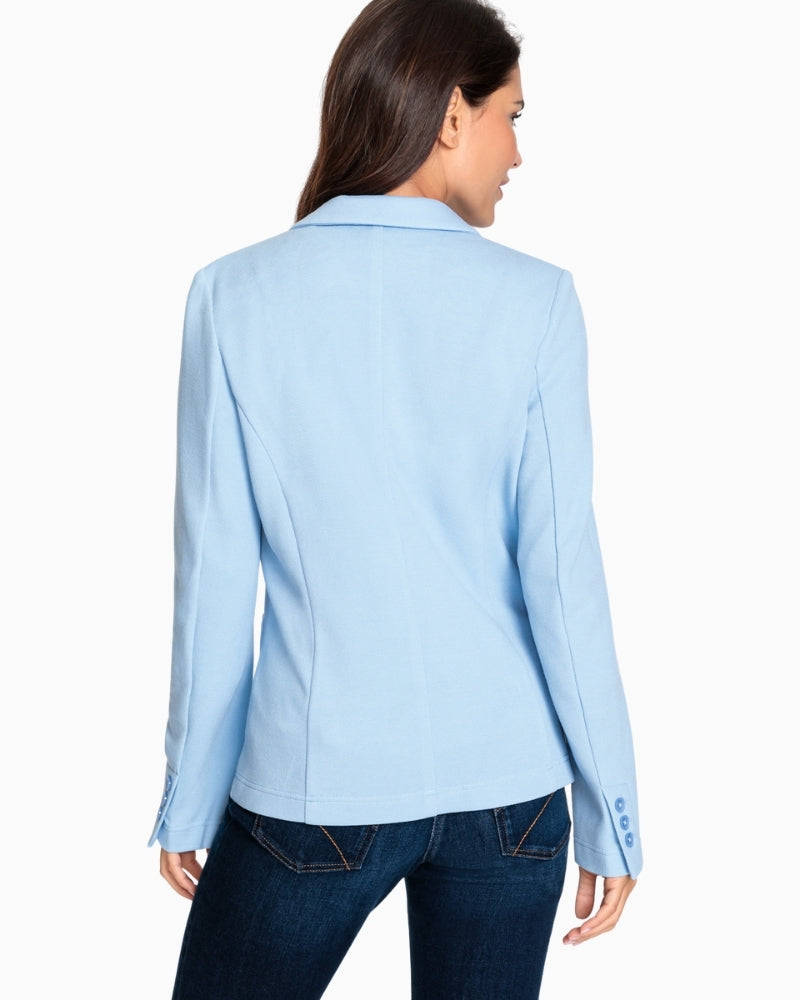 Olsen light blue blazer back view worn by model – Áines Boutique