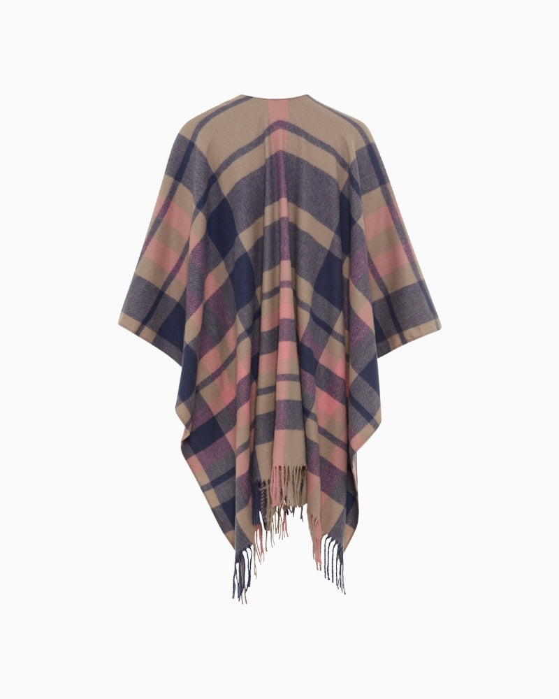 Back view of relaxed-fit pink cape showing draped cut