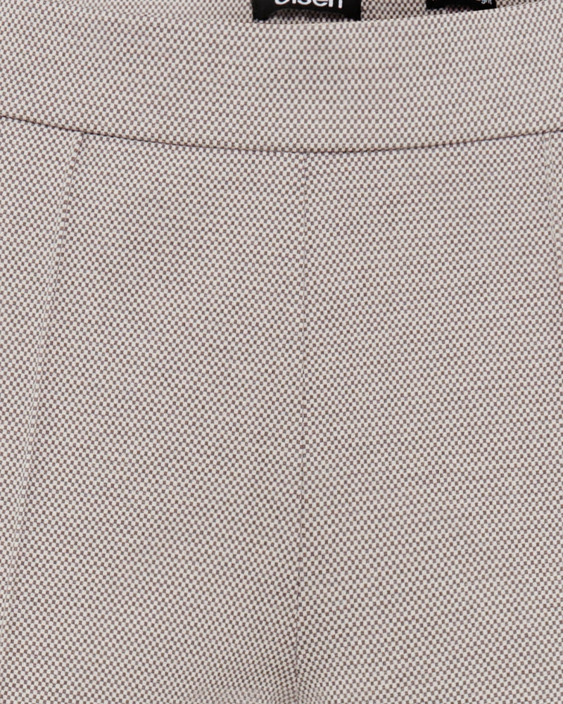 Close-up of soft stretch fabric in taupe casual trousers