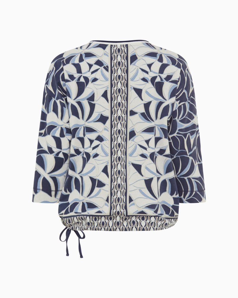 Back view of patterned navy 3/4 sleeve T-shirt by Olsen