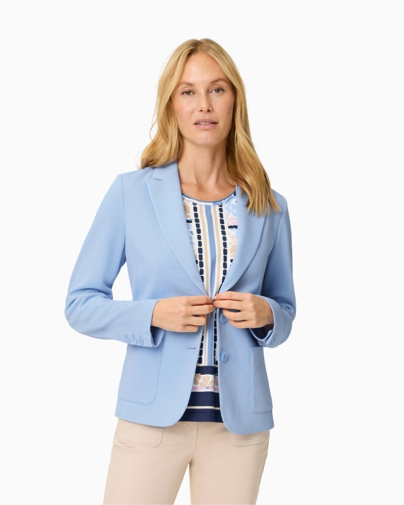 Woman wearing Olsen light blue blazer front view – Áines Boutique