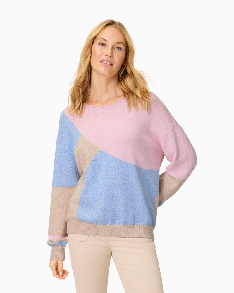 Woman wearing Olsen pink and blue colour block knit pullover front view – Áines Boutique