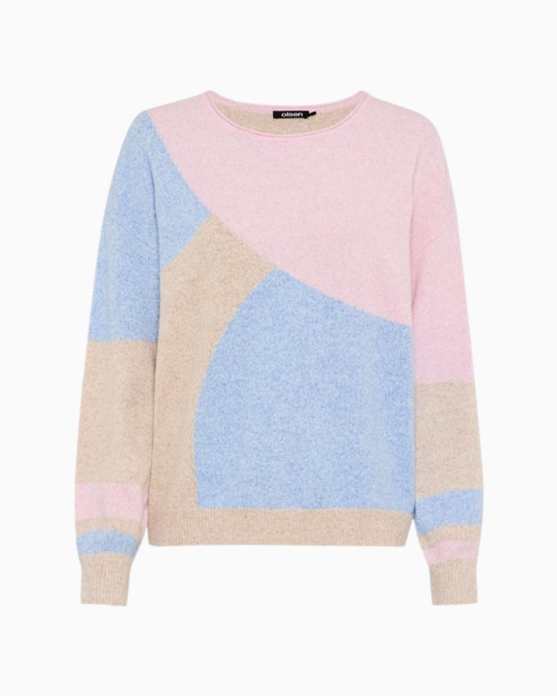 Woman wearing Olsen pink and blue colour block knit pullover front view – Áines Boutique
