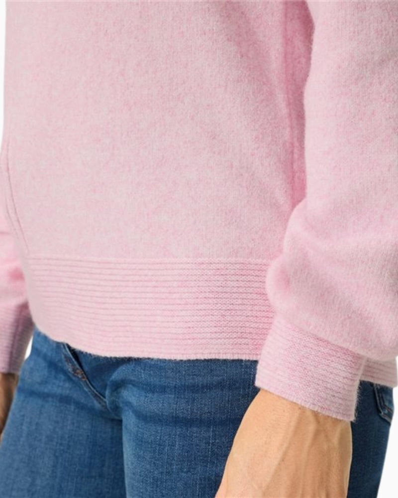 Woman wearing Olsen soft pink fine knit pullover sleeve detail view – Áines Boutique