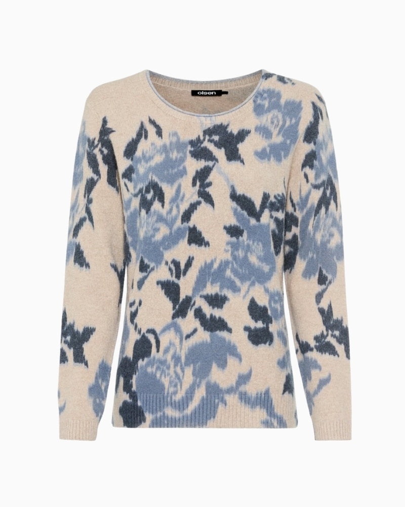 Front view of Olsen Blue Haze floral print round neck sweater