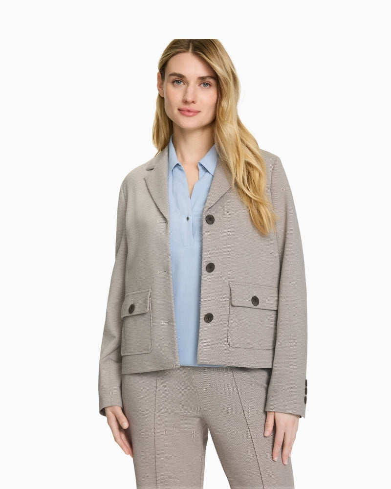 Front view of Olsen tailored lapel jacket with full-length sleeves