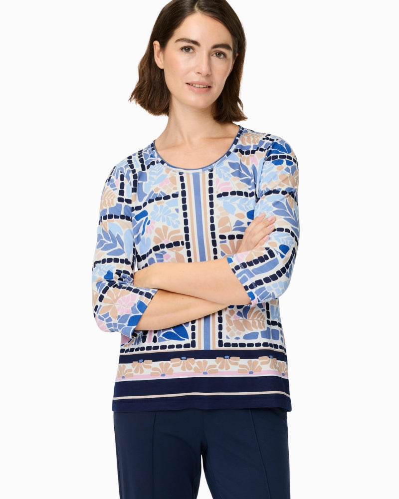 Woman wearing Olsen blue multi printed cotton top front view – Áines Boutique
