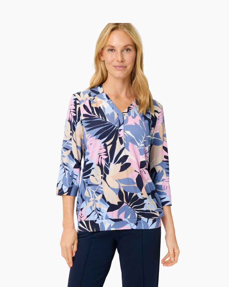 Woman wearing Olsen multi-print 3/4 sleeve top front view – Áines Boutique