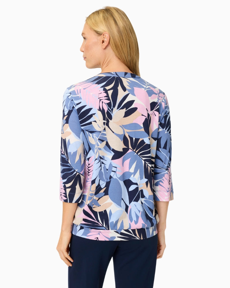 Woman wearing Olsen multi-print top back view – Áines Boutique
