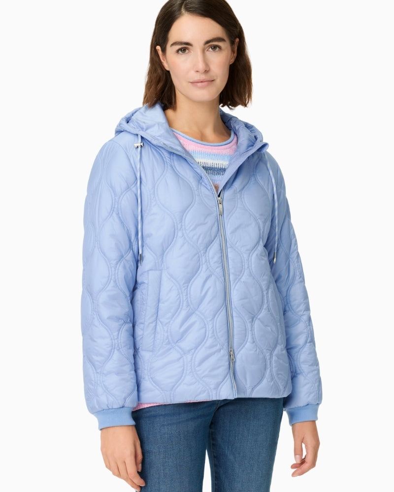 Woman wearing Olsen light blue quilted outdoor jacket front view – Áines Boutique
