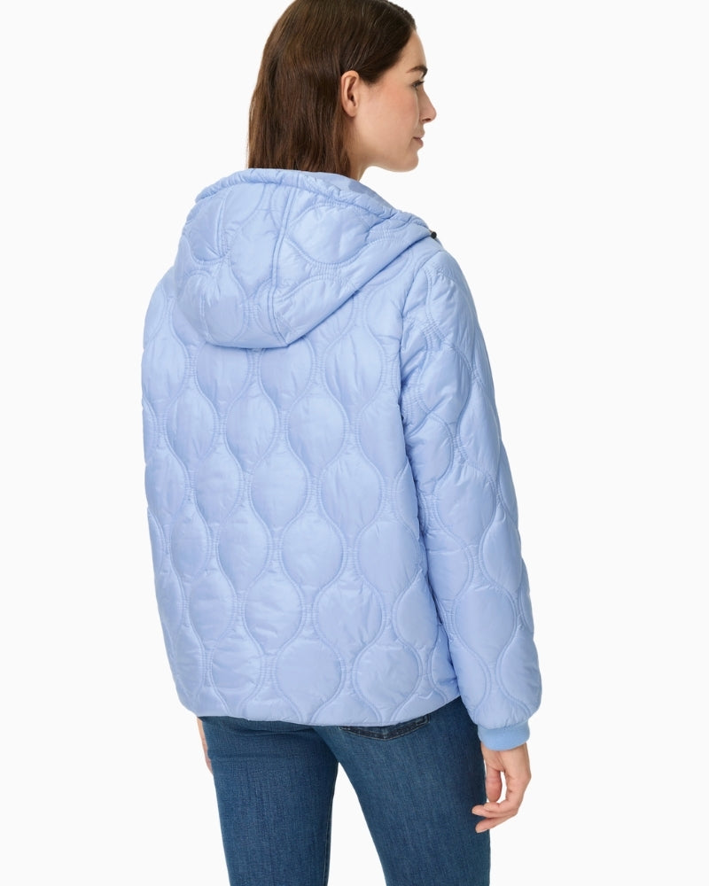 Woman wearing Olsen light blue quilted jacket back view – Áines Boutique