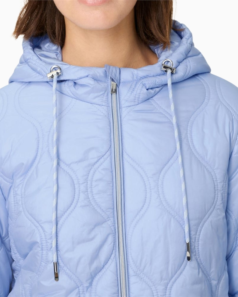 Woman wearing Olsen quilted jacket hood and zip detail – Áines Boutique