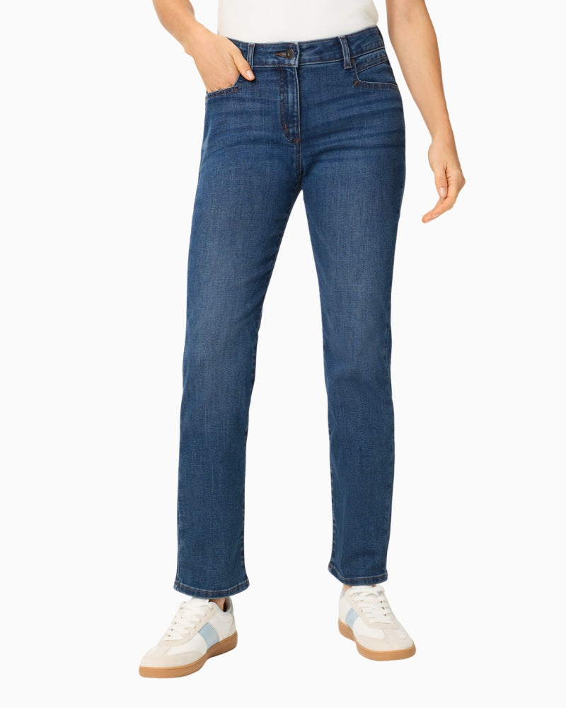 Woman wearing Olsen mid-blue straight-leg denim jeans front view – Áines Boutique