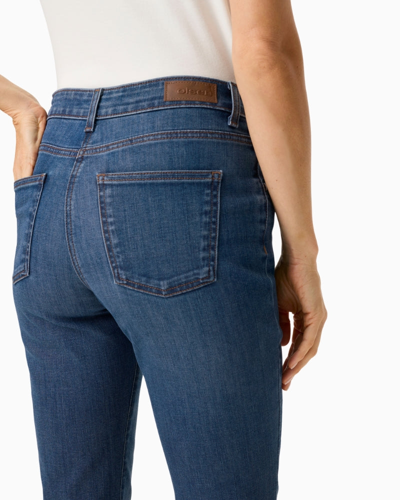 Close-up of Olsen mid-blue denim pocket and stitching detail – Áines Boutique