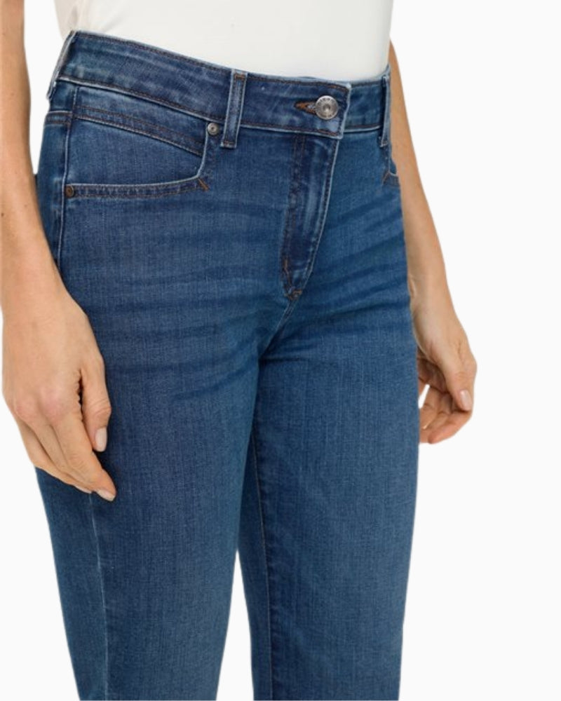 Close-up of Olsen mid-blue denim pocket and stitching detail – Áines Boutique