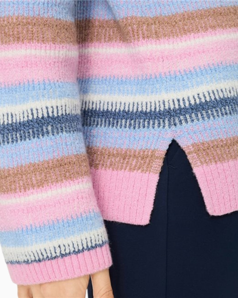 Woman wearing Olsen striped knit pullover sleeve detail – Áines Boutique