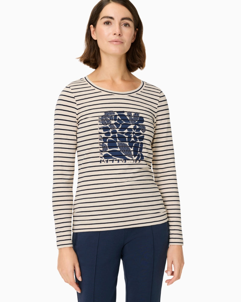 Woman wearing Olsen beige and navy striped long-sleeve top front view – Áines Boutique