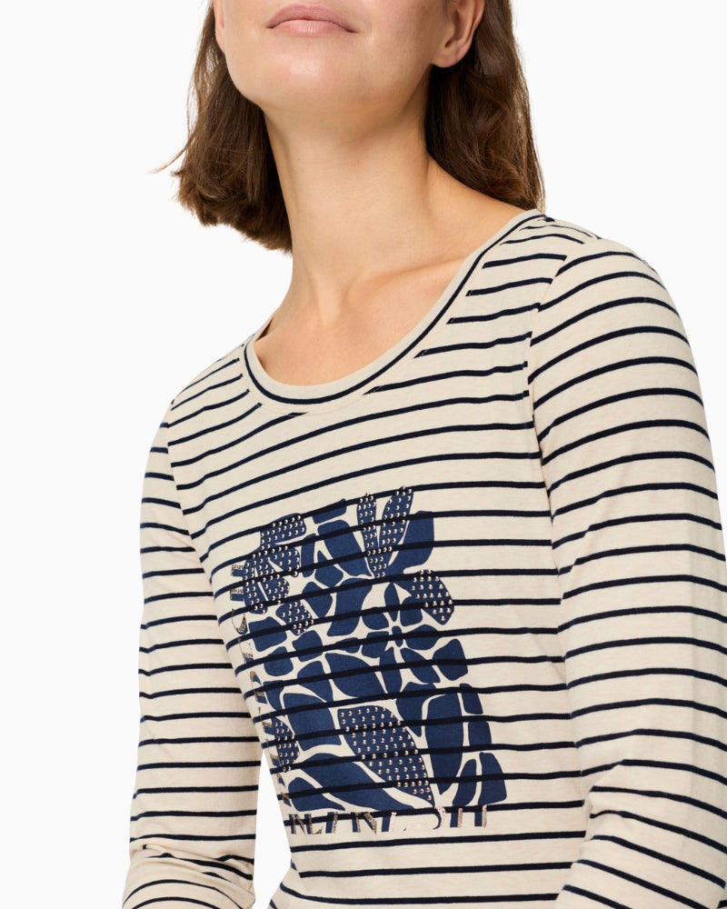 Woman wearing Olsen striped top neckline and front print detail – Áines Boutique