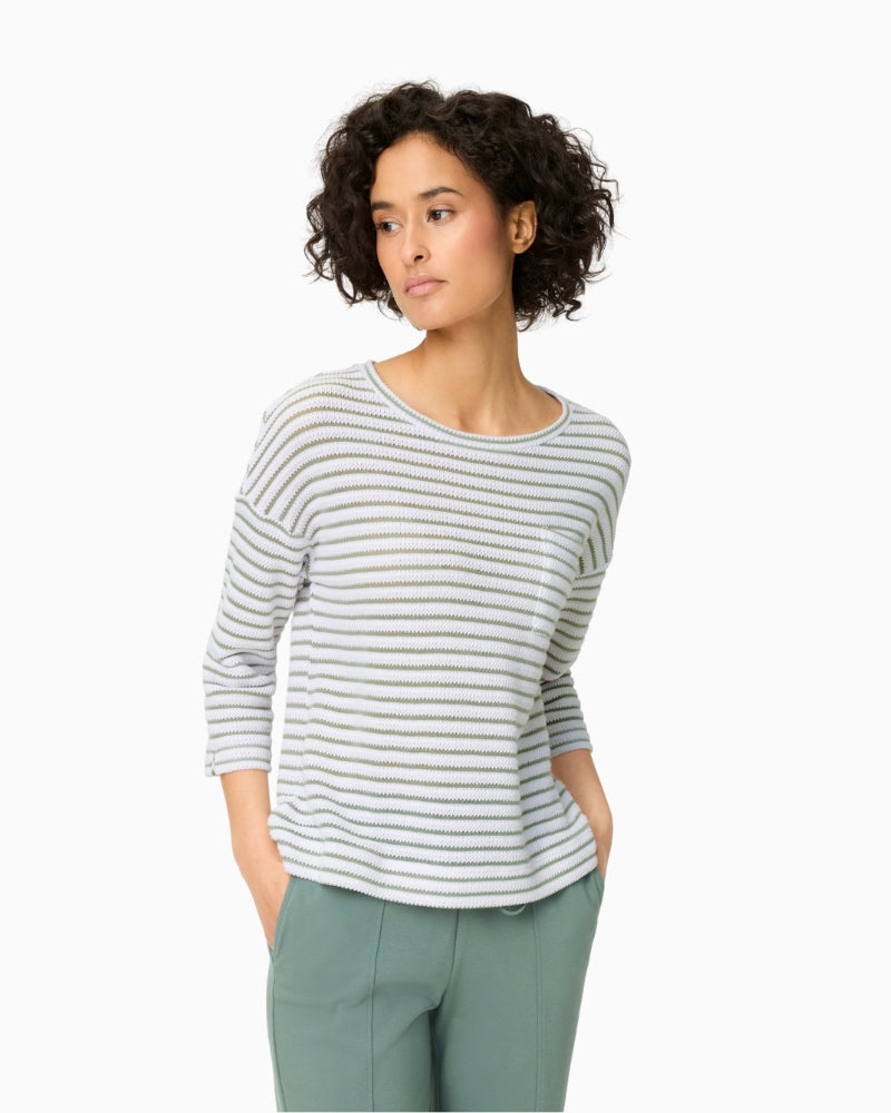 Olsen white and sage striped long sleeve T-shirt front view – Áines Boutique