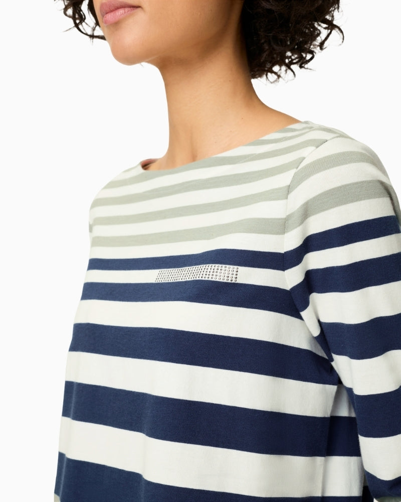 Olsen striped T-shirt neckline and chest detail – Áines Boutique