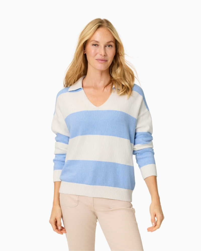 Olsen striped open-neck jumper navy and white, woman wearing front view – Áines Boutique