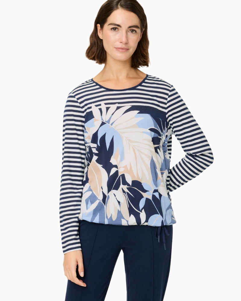 Woman wearing Olsen blue multi striped and floral long-sleeve top front view – Áines Boutique
