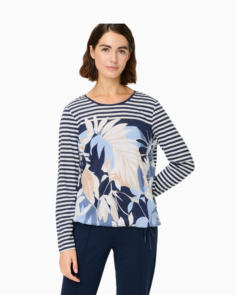 Woman wearing Olsen blue multi striped and floral long-sleeve top front view – Áines Boutique