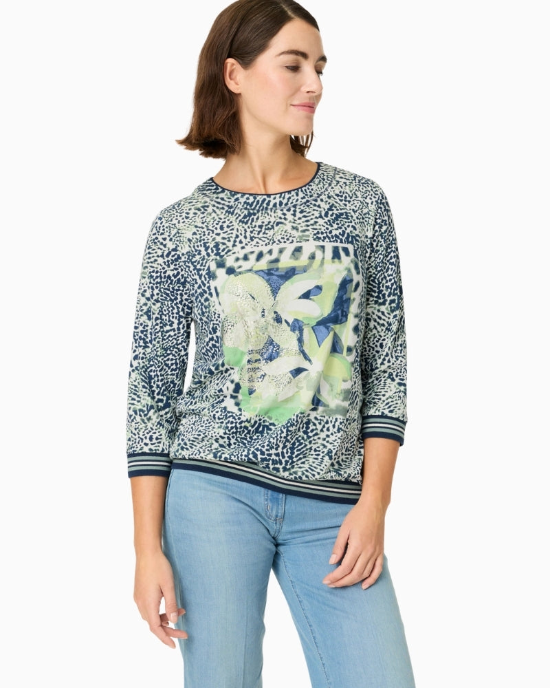Olsen long sleeve printed T-shirt navy and sage front view – Áines Boutique
