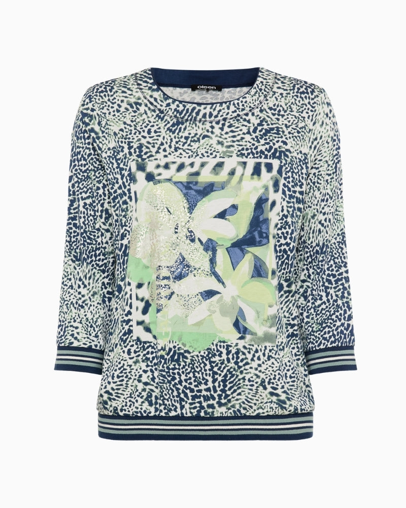 Olsen long sleeve printed T-shirt navy and sage front view – Áines Boutique