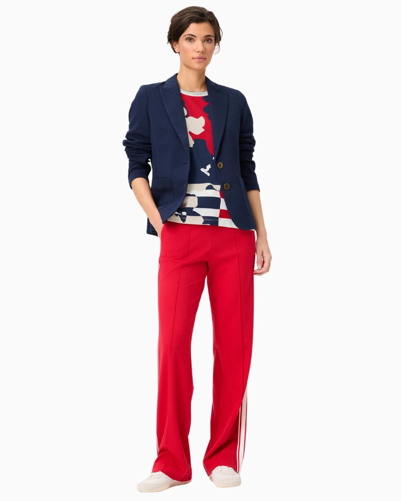 Olsen Abstract Camo T-Shirt styled with red trousers