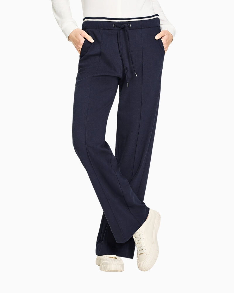 Full front view of Olsen Anna Wide navy trousers with tie waist