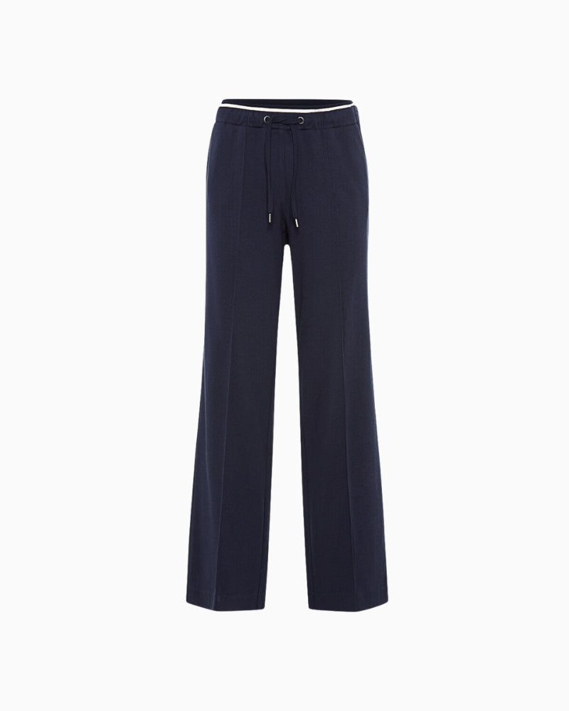 Flat lay full front view of Olsen Anna Wide navy trousers with tie waist