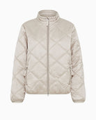 Front view of Olsen beige quilted jacket with zip closure