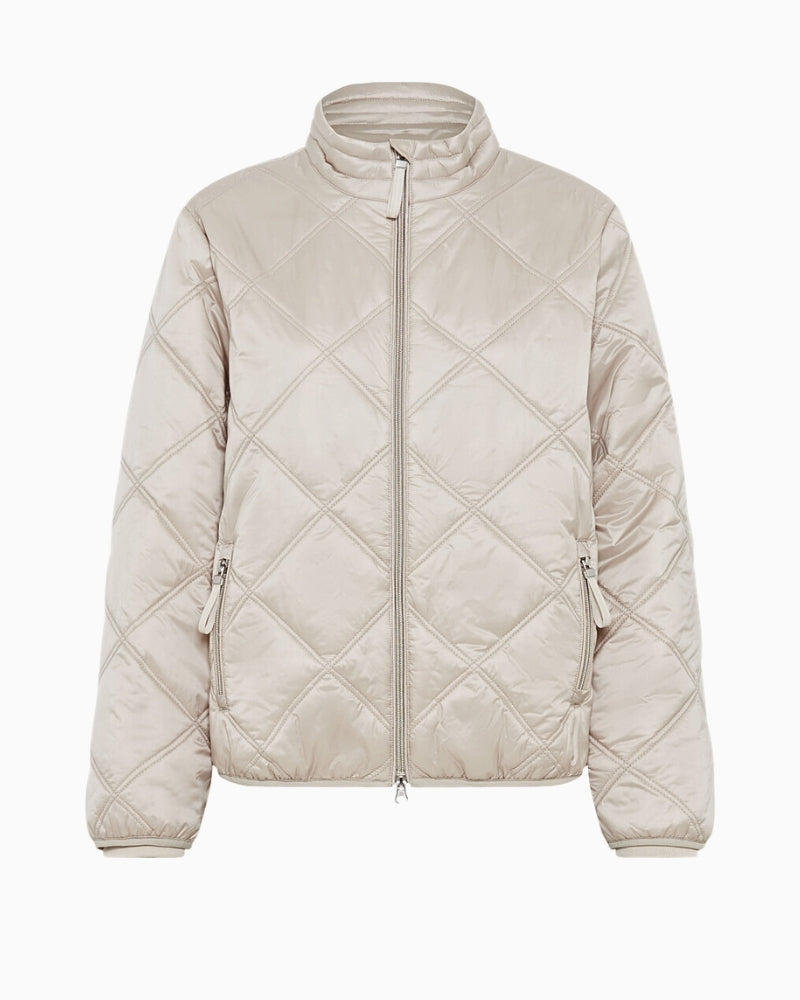 Front view of Olsen beige quilted jacket with zip closure