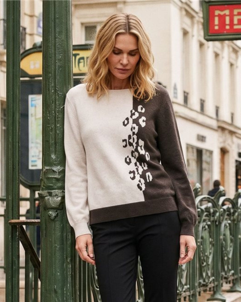Olsen Block Colour Jumper in beige and brown styled view