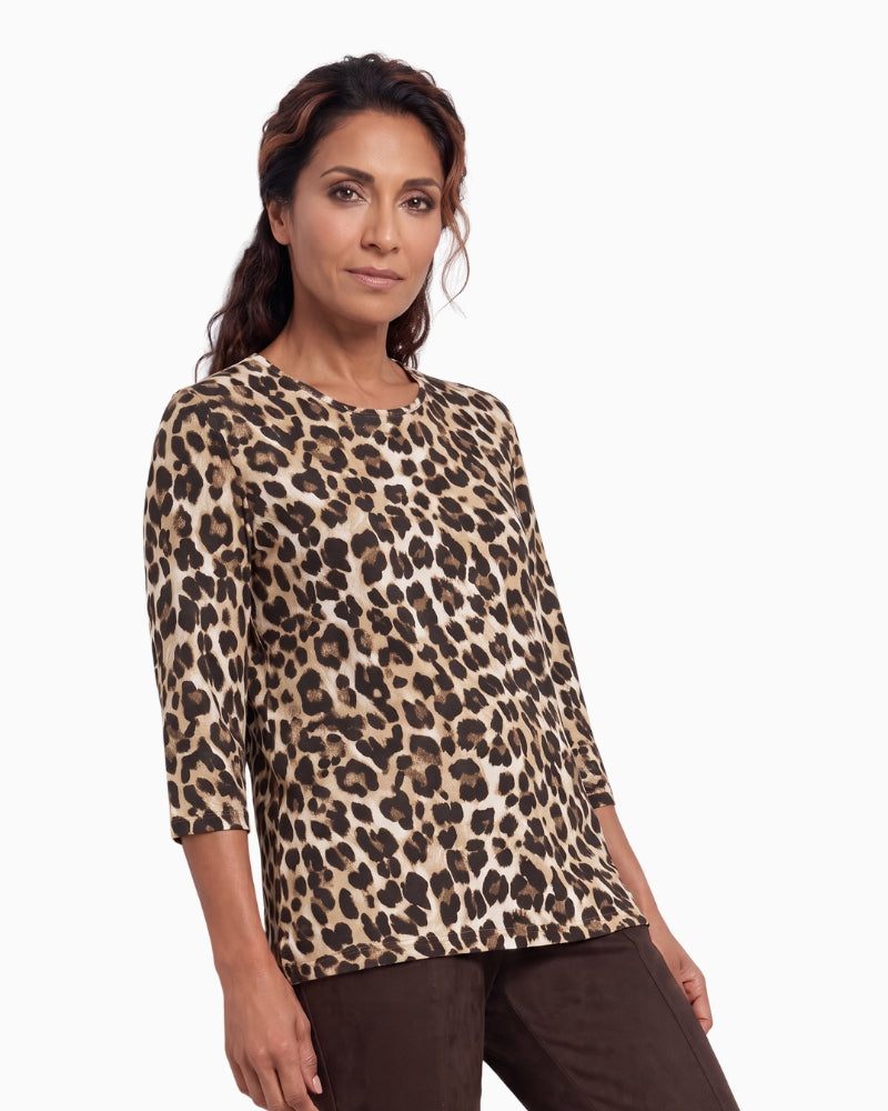 Olsen Edda Printed T-Shirt in Leopard crew neckline detail