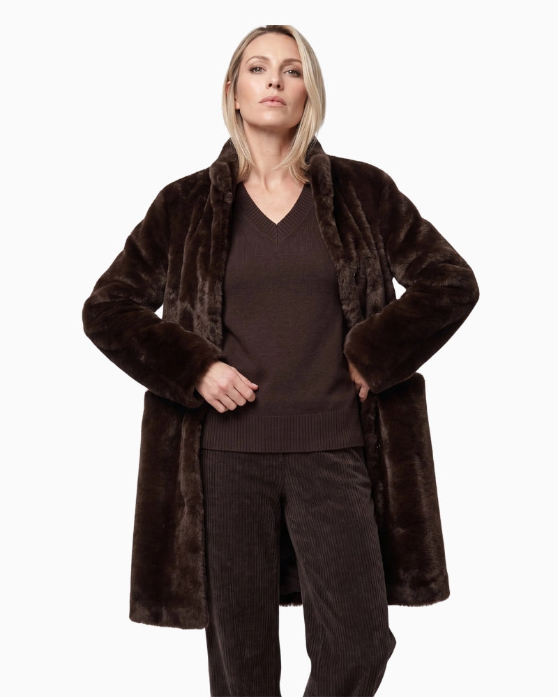 Olsen Faux Fur Coat in brown stand-up collar detail