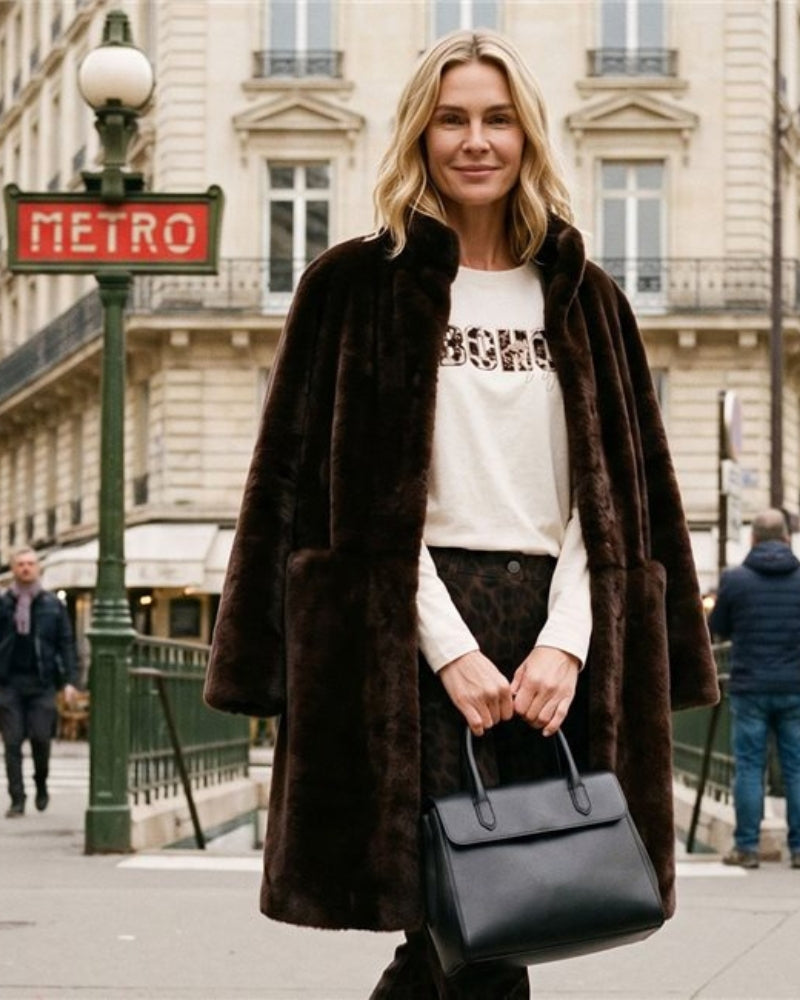Olsen Faux Fur Coat in brown styled view