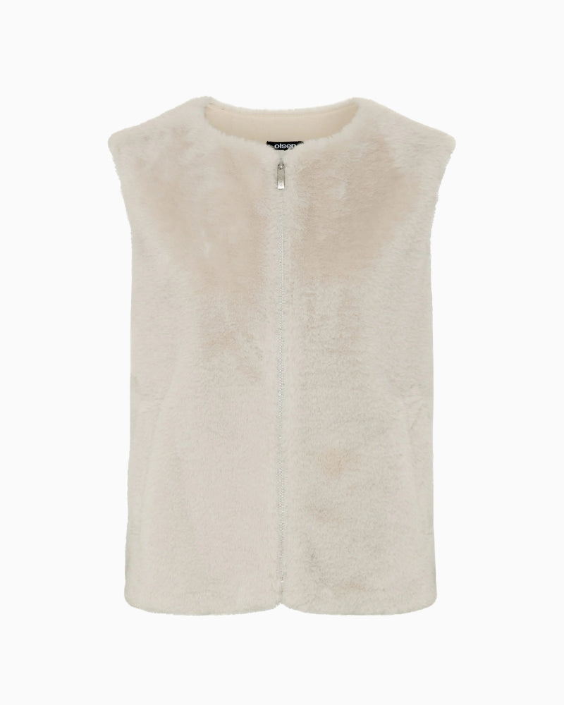 Olsen Faux Fur Zip Gilet in beige adjustable drawstring hem detail