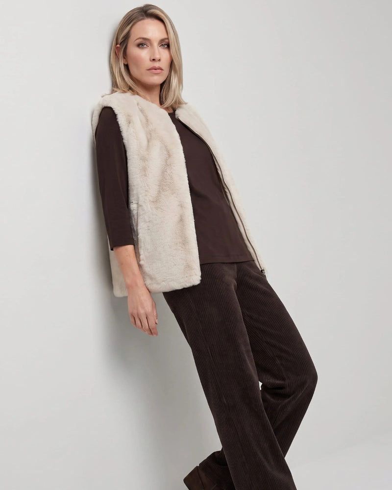 Olsen Faux Fur Zip Gilet in beige faux fur texture detail