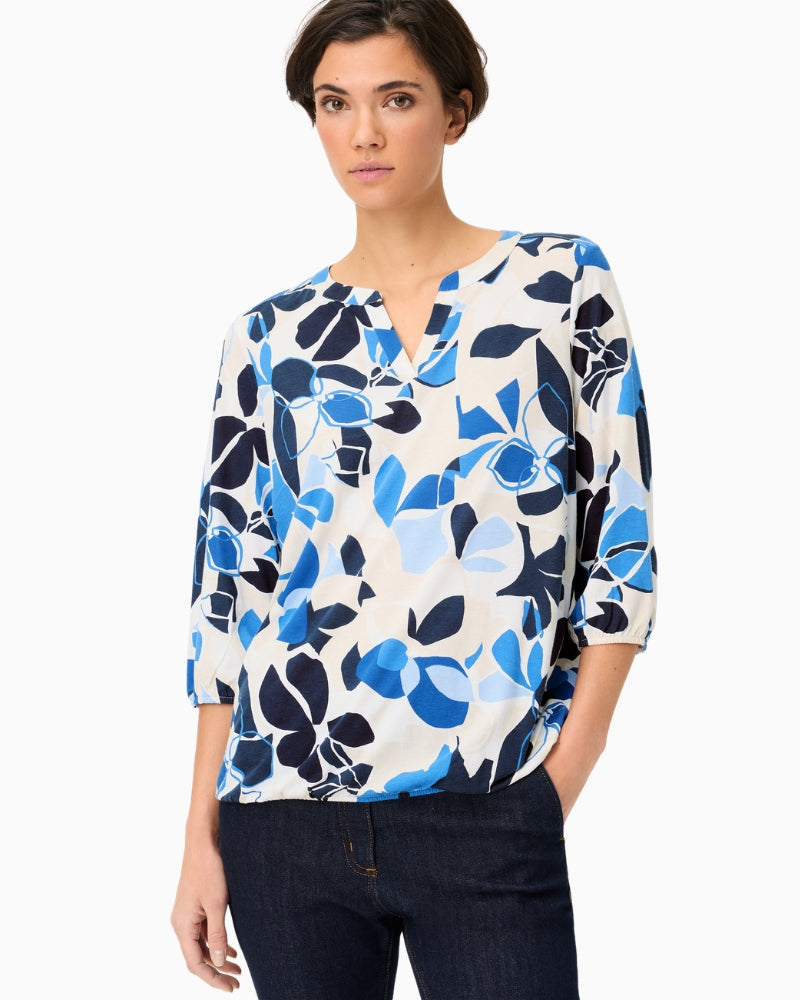 Olsen Graphic Floral Split Neck T-Shirt off-white blue front view