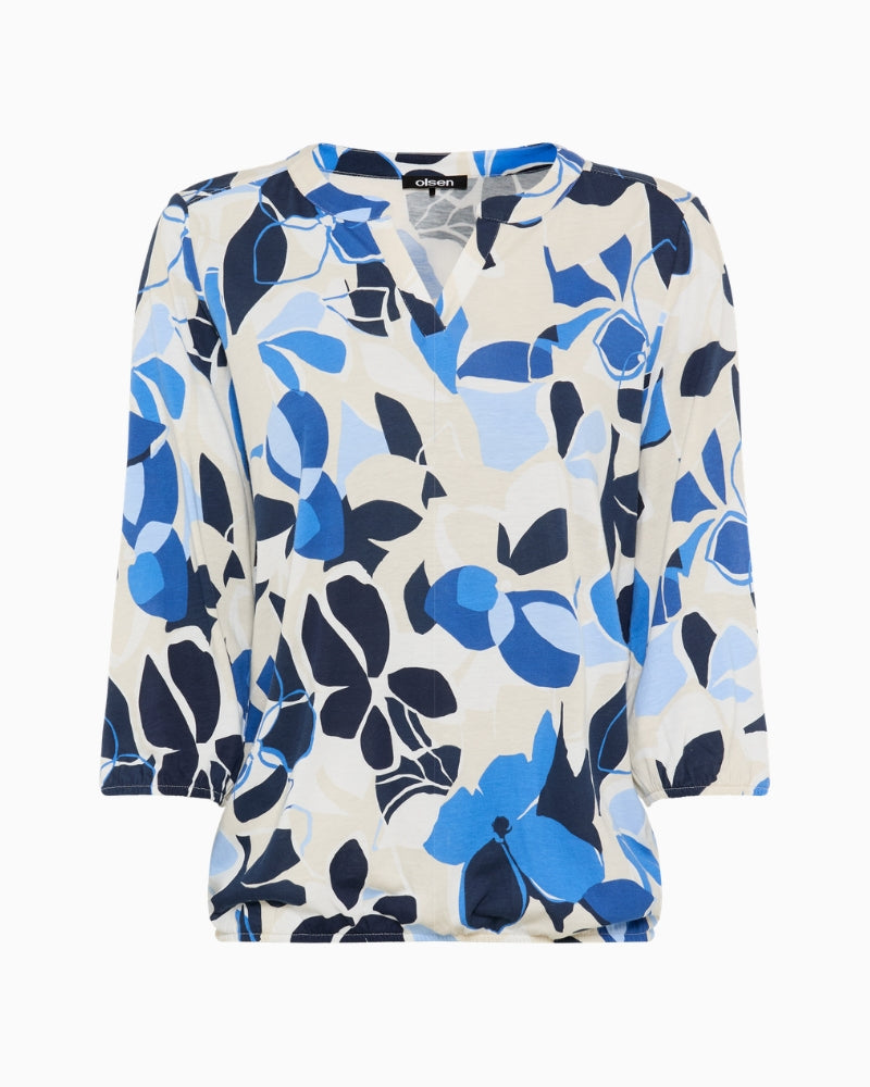 Olsen Graphic Floral Split Neck T-Shirt off-white blue front view