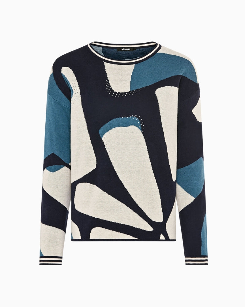 Navy graphic knit jumper by Olsen in relaxed cotton blend fit