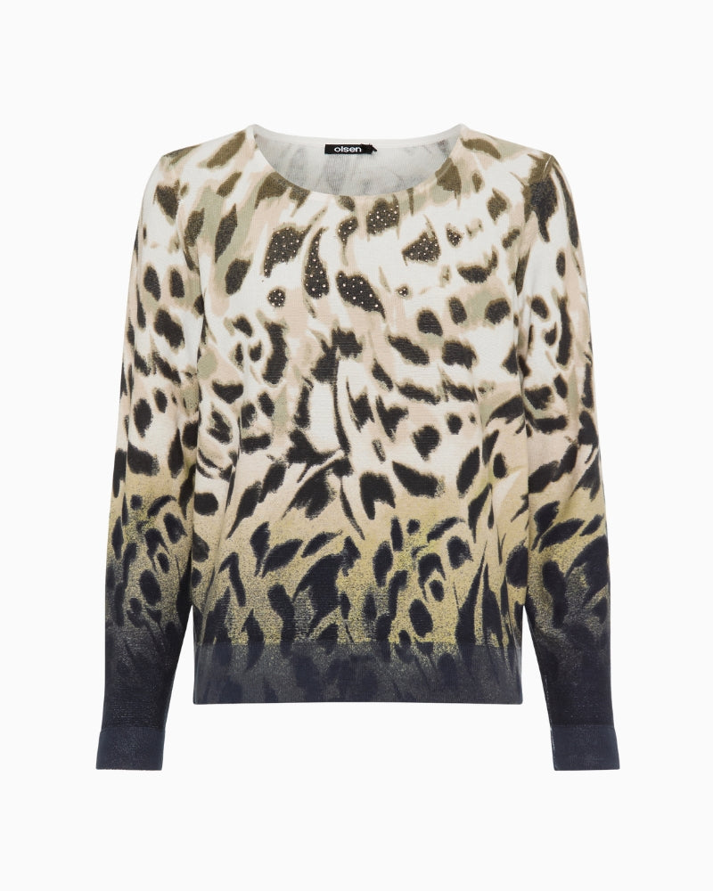 Olsen Henny Crew Neck Pullover in beige and green front view