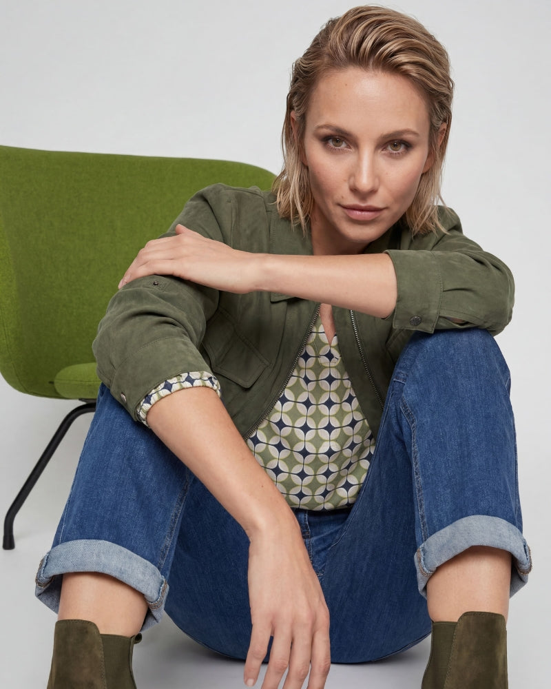 Olsen Lime Print Blouse in Khaki styled view