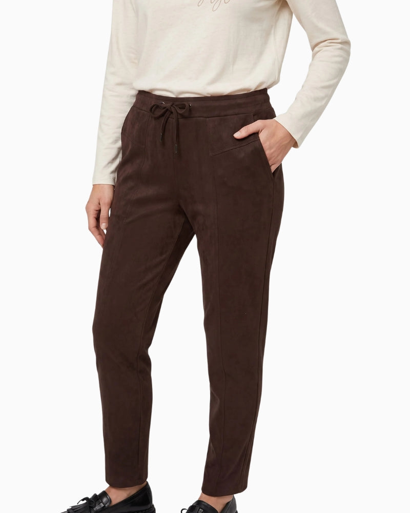 Olsen Lisa Straight Faux Suede Trousers in brown faux suede texture detail