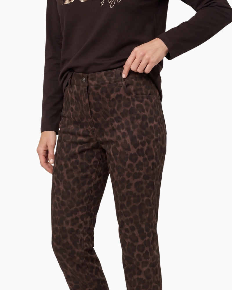 Olsen Mona Slim Animal Print Trousers in Leopard button-and-zip fastening detail